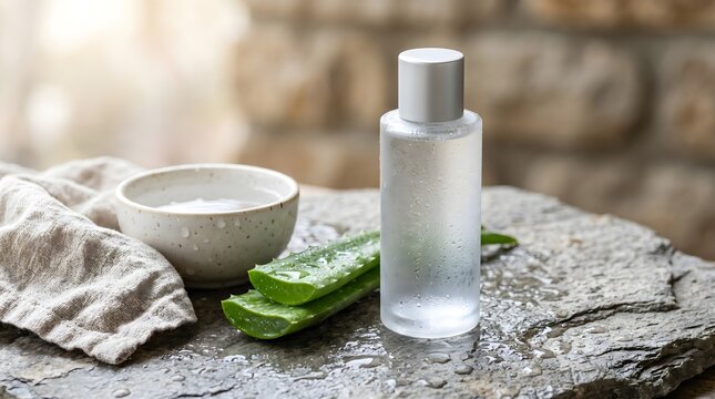 Frosted cosmetic pump bottle with fresh aloe vera leaves, ceramic bowl and linen cloth arranged on a rustic stone surface.