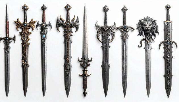 A collection of various ornate medieval fantasy swords featuring detailed metal hilts and sharp blades isolated on a clean white background.