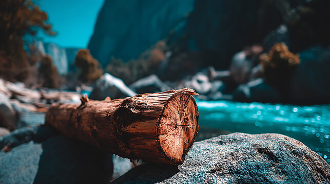 Fallen log on granite rock by blue mountain river stream in natural wilderness landscape