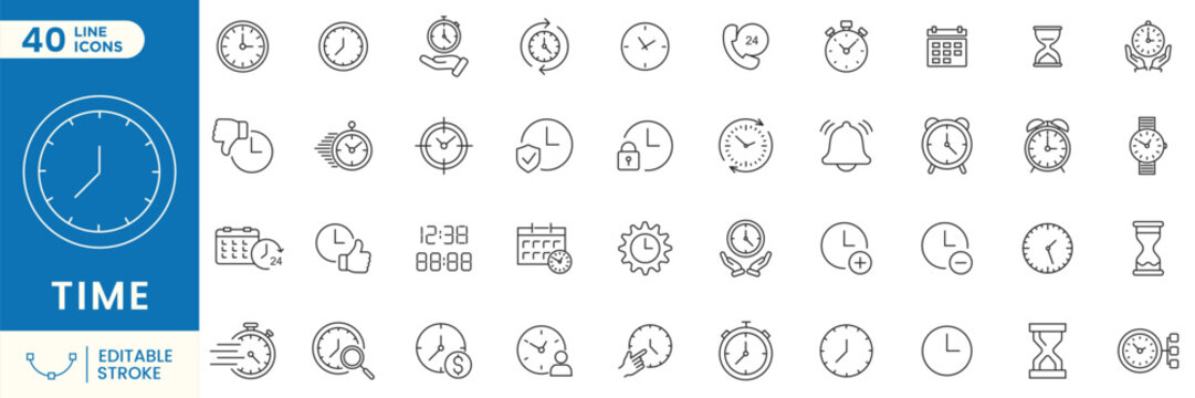 Time line icons set, clock, timer, schedule, reminder, countdown. Editable stroke vector