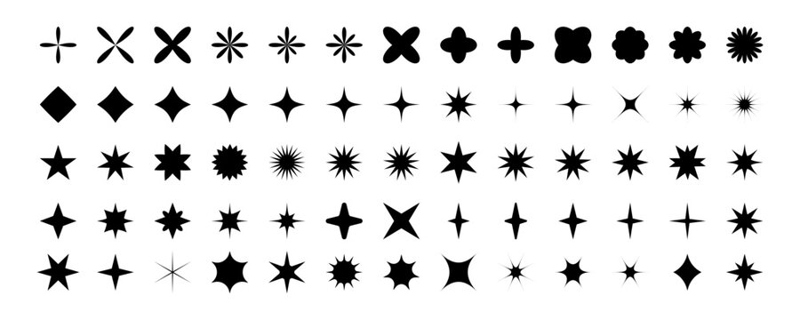 Black starburst sparkle spark vector collection with assorted twinkle shapes. Star icon silhouette set with gleam glimmer glint and sixpointed star forms. Isolated design elements for overlay