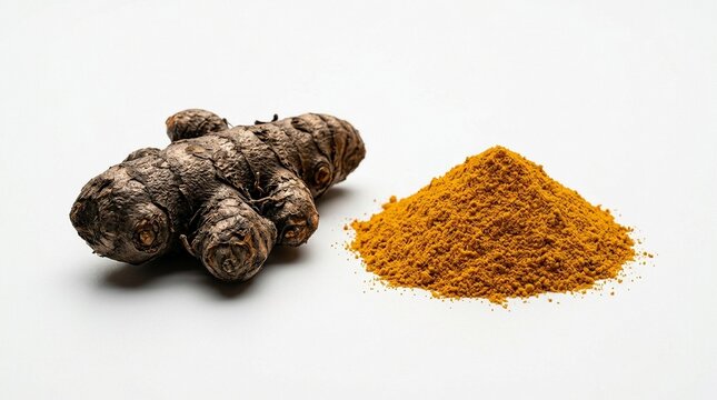 Fresh turmeric root and turmeric powder isolated on white background