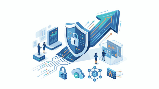 Digital shield protects data upward arrow shows growth and connectivity