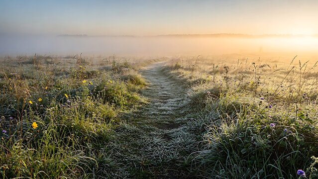 Narrow Frost Covered Grass Path Leading Through Misty Meadow at Sunrise