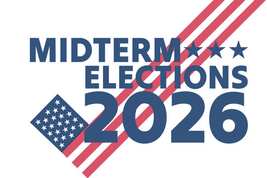 Midterm Elections 2026 typography banner design with US flag stars and stripes vector illustration. Patriotic American vote template for political campaign event poster, card.