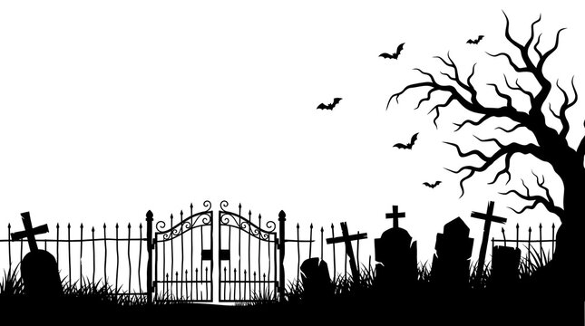 Halloween graveyard silhouette with spooky tree, iron fence, tombstones and bats flying in the night sky, vector illustration isolated on white background