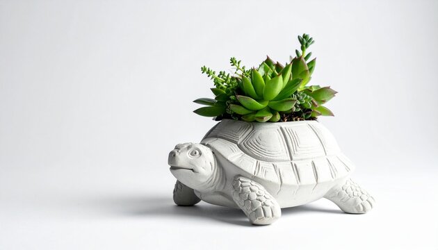 A charming white decorative turtle planter filled with lush green succulents isolated on a plain light background for home decor concept.
