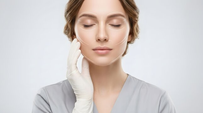 Cosmetic surgery consultation woman with facial analysis lines and gloved hand