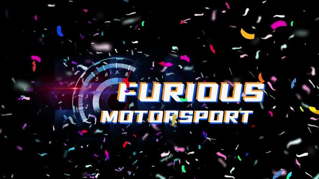 Furious Motorsport logo appears centered on a dark background surrounded by a dynamic explosion of colorful confetti particles.