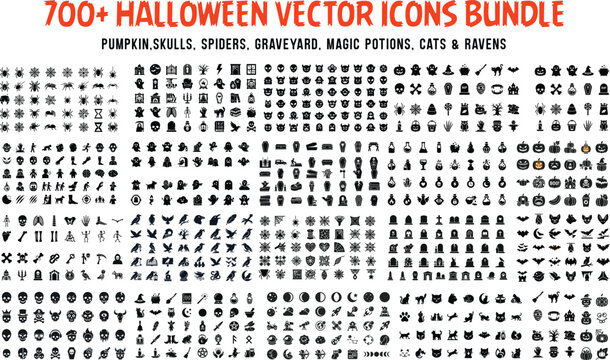 Mega Halloween Silhouette Vector Icons Bundle, 700 Spooky Halloween Elements, Pumpkin, Ghost, Skull, Bat, Tombstone, Spider Web Icon Set