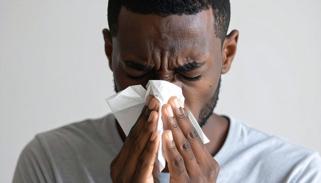 A young African man feeling unwell blowing his nose into a white tissue representing seasonal allergy or common cold health symptoms today.