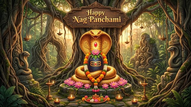 Happy nag panchami celebration with shiva lingam cobra trishul colorful flowers