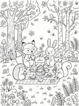 Cute Forest Animals Rabbit, Fox, Squirrel, Picnic Coloring Page
