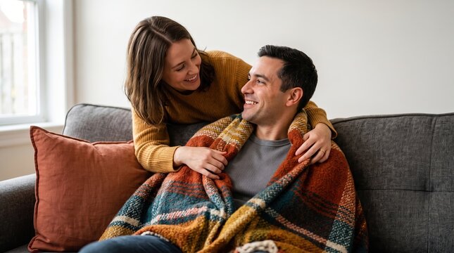Happy couple wrapping blanket on sofa at home