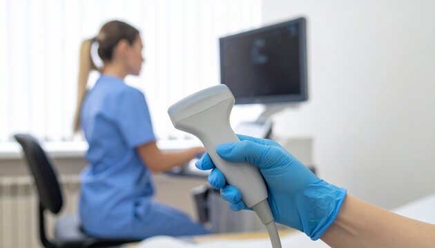 Close up view of a hand holding an ultrasound transducer probe in a clinical setting with a professional medical doctor in the background.