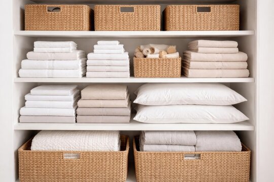 Neatly Organized Towels and Pillows in a Minimalist Closet Display