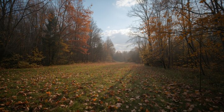 Autumn Trail in a Forest with Fallen Leaves and Soft Light