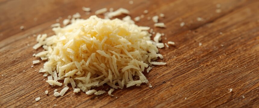Grated Cheese Pile on a Wooden Surface in Warm Lighting