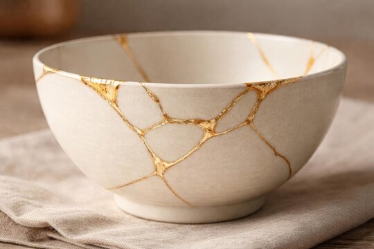 Elegant Kintsugi Bowl with Gold Accents on Linen Fabric Background