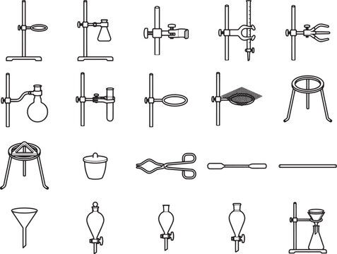 A collection of laboratory equipment, including retort stands, beakers, funnels, and clamps, arranged in a schematic illustration for scientific study.