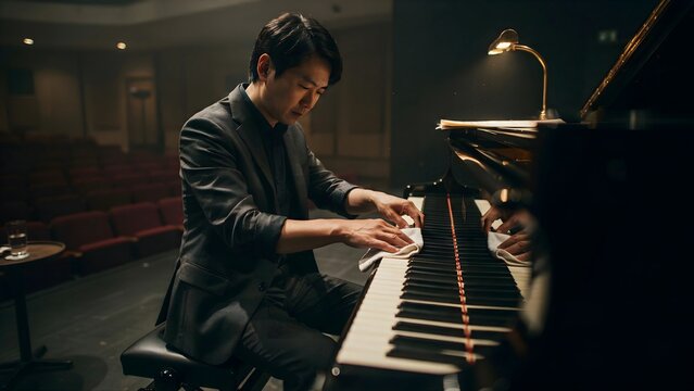 Young man playing grand piano on stage in dimly lit concert hall