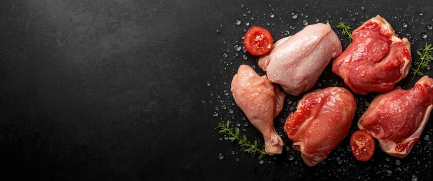 Raw Chicken Pieces with Fresh Tomatoes on Dark Background