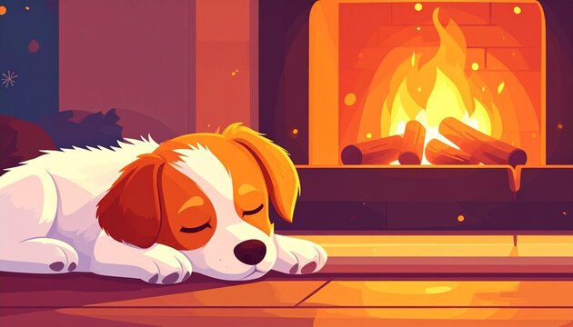 Golden retriever puppy sleeping peacefully on wooden floor.