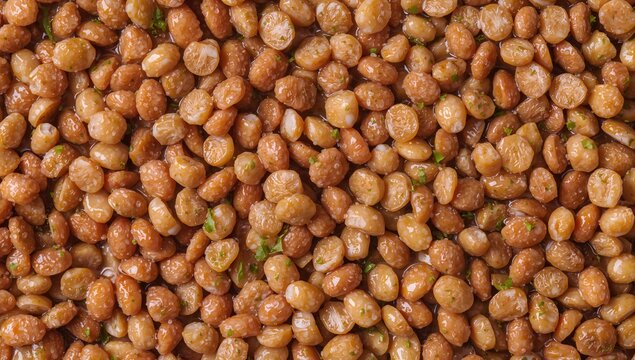 Closeup of Roasted Brown Legumes with Green Herbs on a Smooth Surface