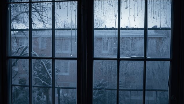 Foggy Window View with Raindrops and Snowy Landscape Outside