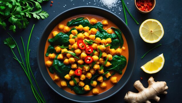 Flat layout of Spicy Chickpea and Spinach Curry.