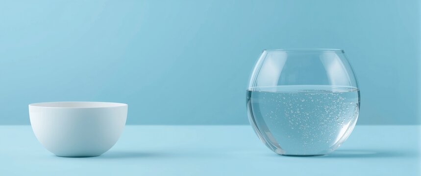 White Bowl and Glass of Water - Minimalist Table Setting, Calm Blue Background