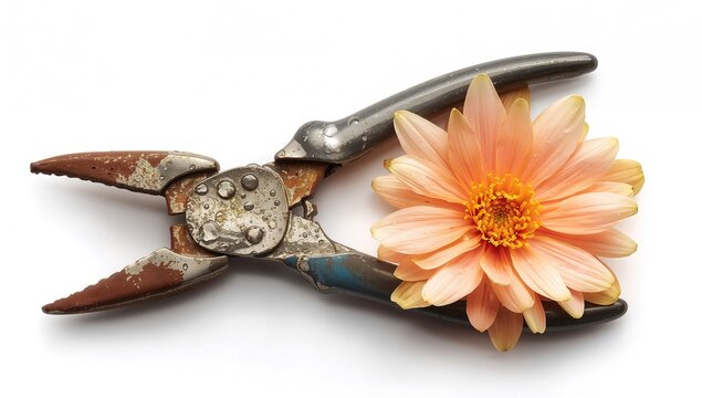 Rusty Garden Shears with a Pink Flower Isolated on White