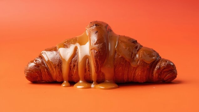 Glazed Croissant Dripping with Caramel Sauce on an Orange Background