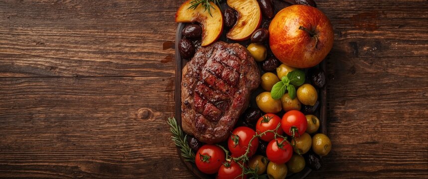 Grilled Steak with Fresh Fruits and Vegetables on a Rustic Wooden Platter