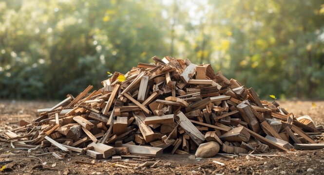 Wood Pile Stacked on Ground in Forest with Soft Sunlight