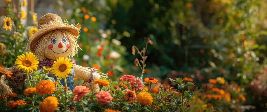 Smiling Scarecrow Surrounded by Colorful Flowers in a Sunny Garden