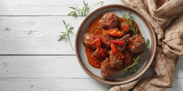 Savory Meatballs in Spicy Tomato Sauce on a Rustic Plate with Herbs