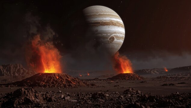 Volcanic Eruptions on an Alien Landscape with Jupiter in the Sky