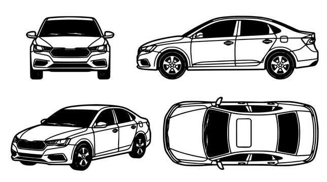 Sedan Car Shown in Four Views with Black Outlines and White Background Featuring Vehicle, Front, Side with Top and Rear Elements