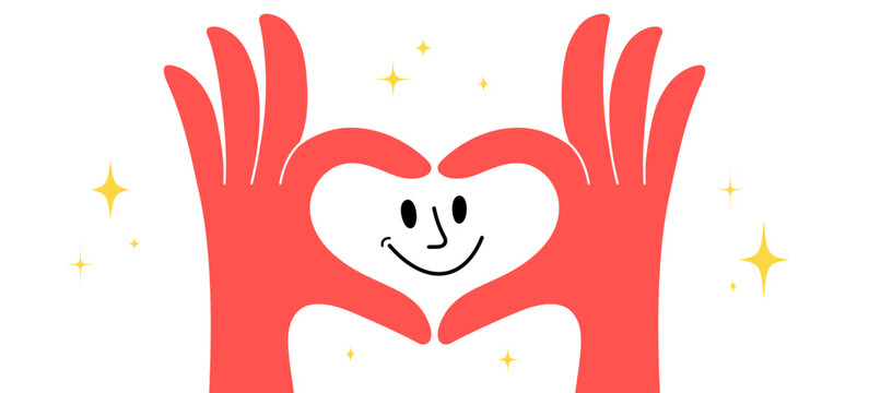 Hand sign Heart Love. Dynamic hand gesture sign art, energetic hand gesture sign mark, retro comic gesture sign badge, palm arm finger graphic design element sticker artwork. Vector Illustration
