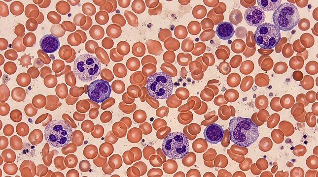Microscopic view of blood smear with red blood cells, neutrophils, and lymphocytes