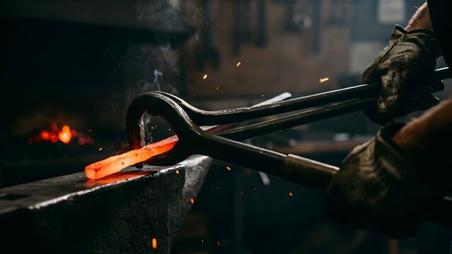 Blacksmithing metal forging process with fire sparks and glowing hot metal