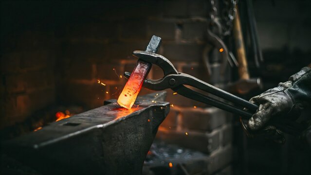 Blacksmith Hammering Red Hot Metal on Anvil in Forge Workshop Environment