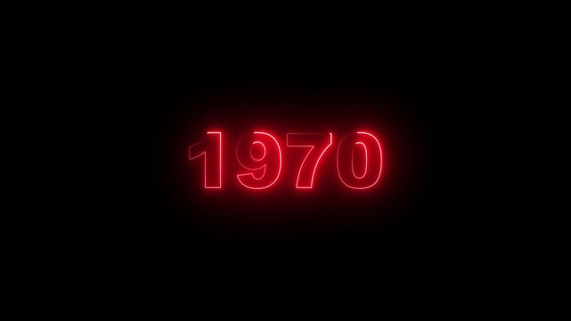 1970 neon sign glowing red text animation on black background, for retro vintage, style projects