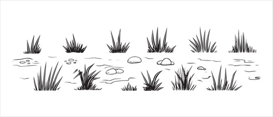 Grass tufts and pebble rocks collection in hand drawn sketch style. Ground vegetation and stone elements set isolated on white background. © Taras