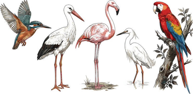 Realistic tropical birds vector collection with kingfisher stork flamingo egret and macaw isolated on white