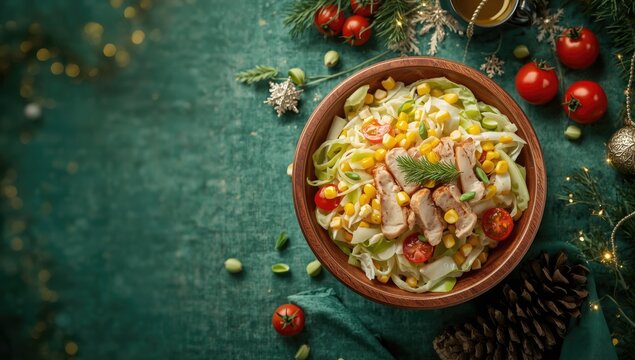 Fresh Chicken Salad in Wooden Bowl - Festive Table Setting, Warm Lighting, Top View