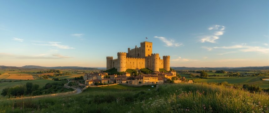 Historic Castle Overlooking Green Fields at Sunset in Warm Light