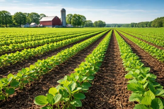 Lush Green Crop Rows Leading to a Red Barn Under Blue Sky