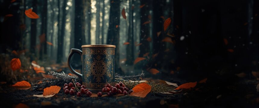 Ornate Mug with Berries and Autumn Leaves in a Dark Forest Setting